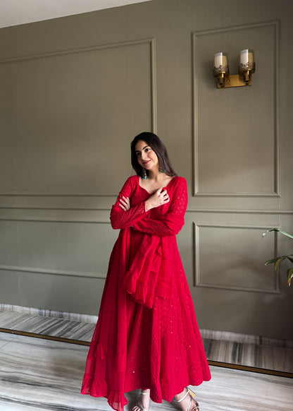 Heavy Fox Georgette Lucknowi Embroidered Anarkali Gown Set with Dupatta