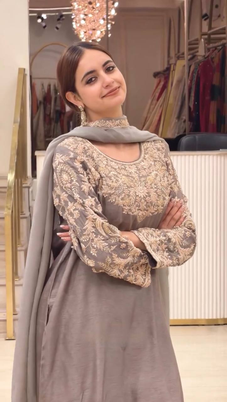Premium Chinon Silk  Sequence Work Farshi Plazzo Suit Set with Dupatta