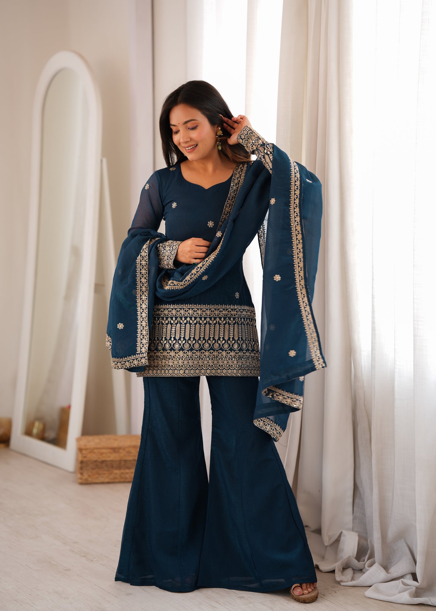 Crunchy Silk Embroidered Kurta with Bell Bottom Pant & Dupatta