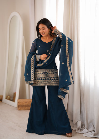 Crunchy Silk Embroidered Kurta with Bell Bottom Pant & Dupatta