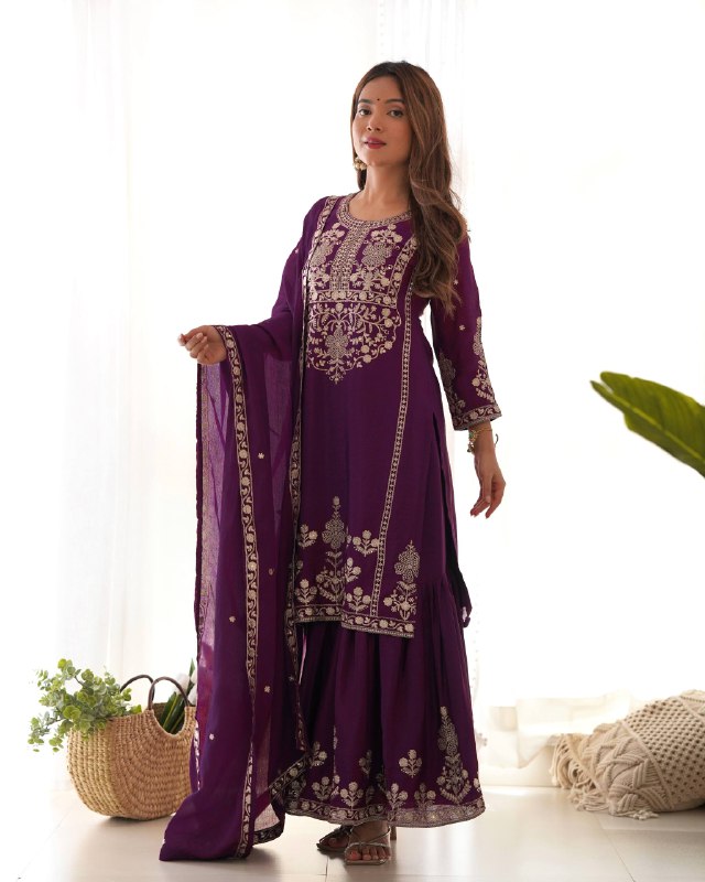 Designer Chinon Silk Kediyakurta with Sharara & Dupatta Set