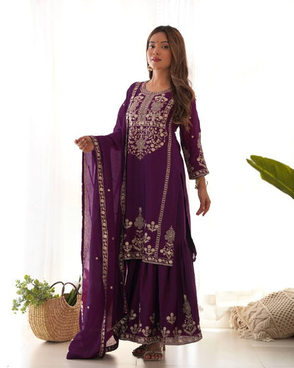 Designer Chinon Silk Kediyakurta with Sharara & Dupatta Set