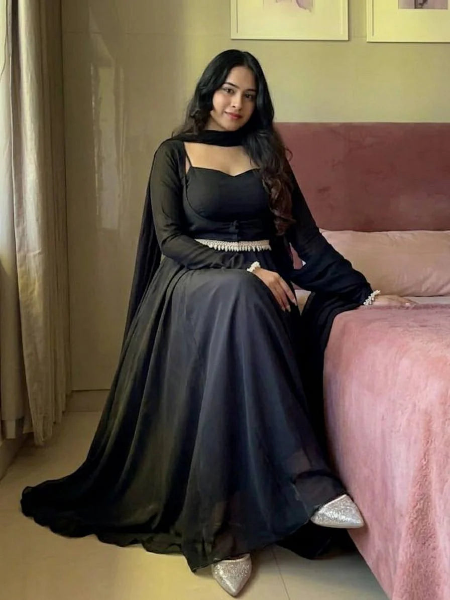 Elegant Designer Faux Georgette Maxi Anarkali Suit Set With Koti & Dupatta