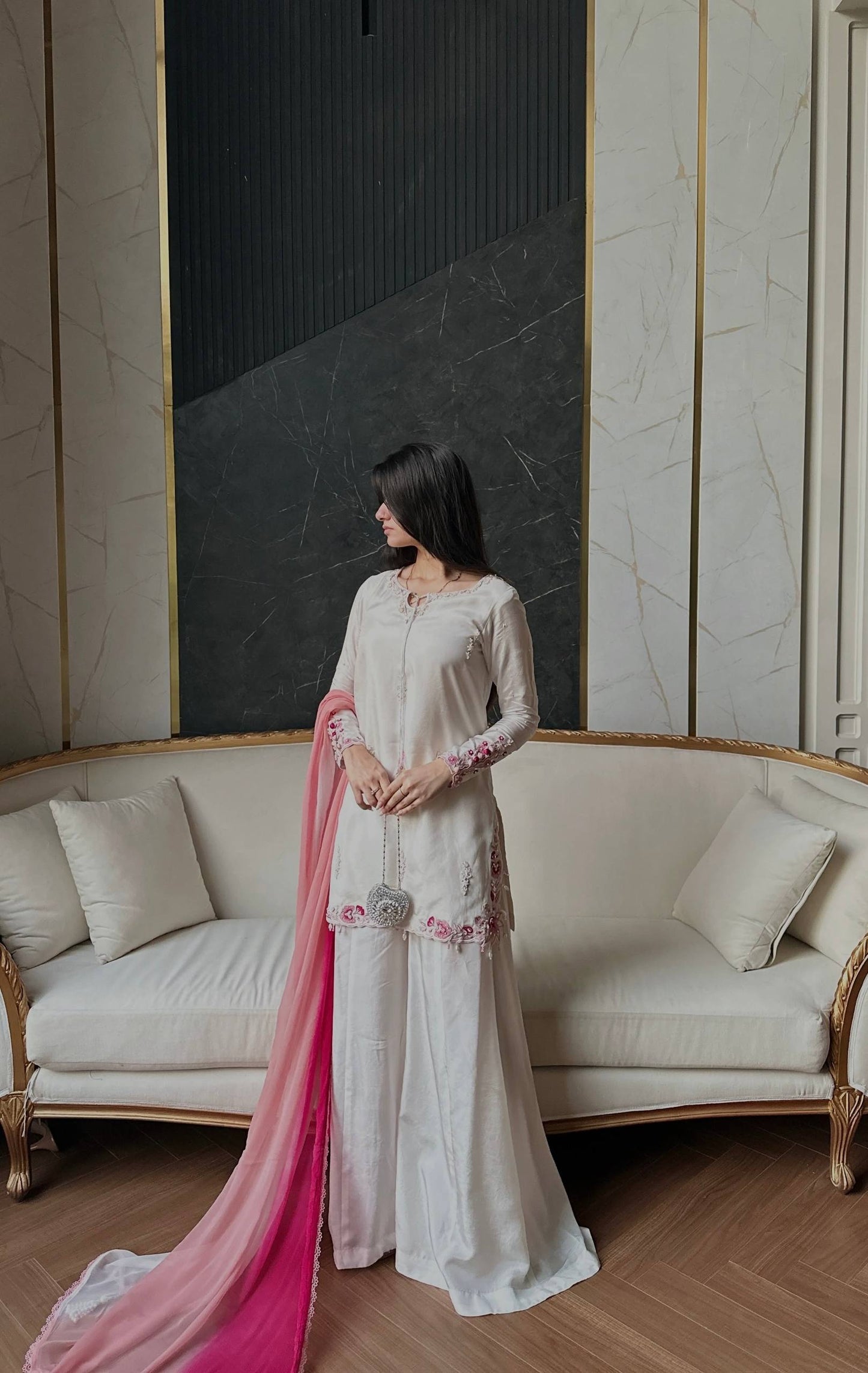 Elegant Natural Crepe Silk Suit Set with Fancy Sleeves