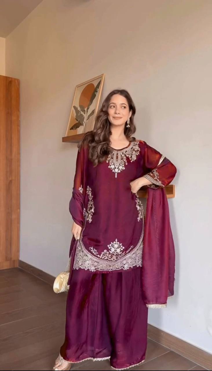 Elegant Fendy Silk Sharara Set with Sequin Embroidery