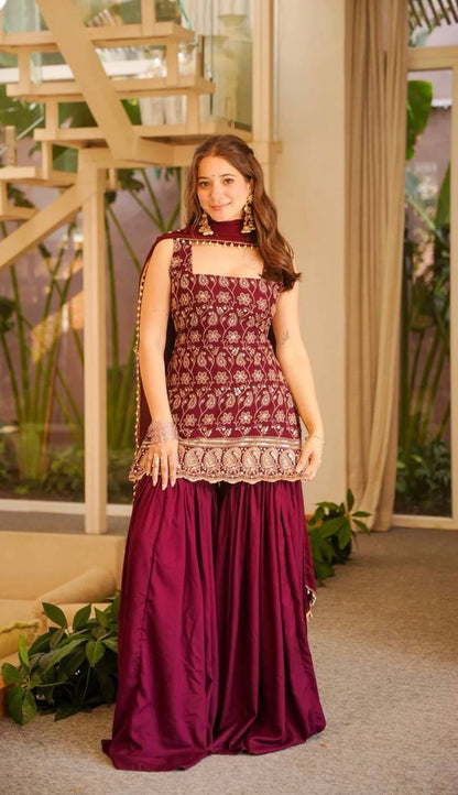 Women's Faux Georgette Embroidered Sharara Suit Set with Dupatta