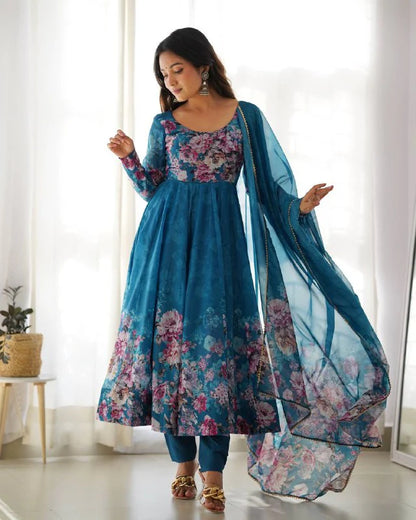 Pure Soft Organza Silk Fully Flared Kali Cut Anarkali Suit Set with Dupatta & Pant
