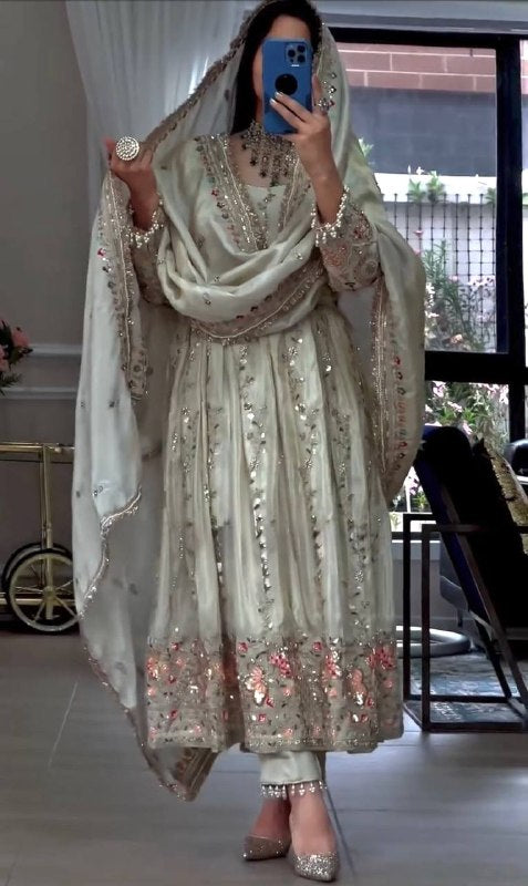 Elegant Pure Sheesha Silk Embroidered Gown Set with Dupatta & Bottom