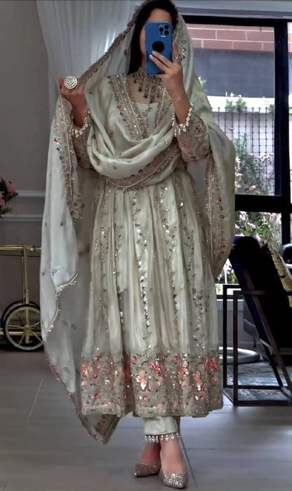Elegant Pure Sheesha Silk Embroidered Gown Set with Dupatta & Bottom