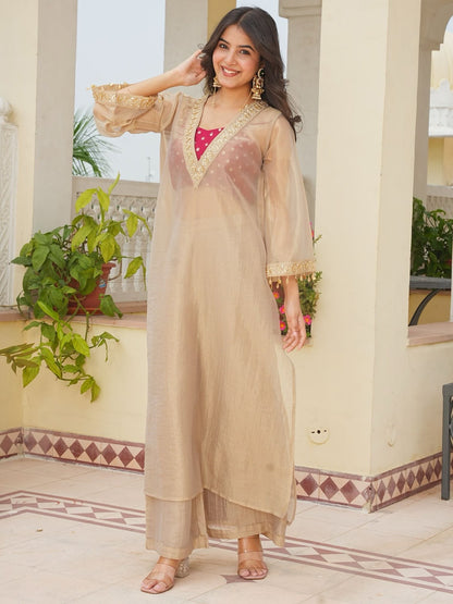 Golden Tissue Kurta Set with Embroidered Blouse & Palazzo