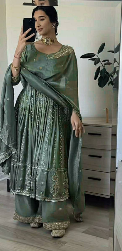 Fancy Embroidered Anarkali Suit with Pant & Dupatta Set