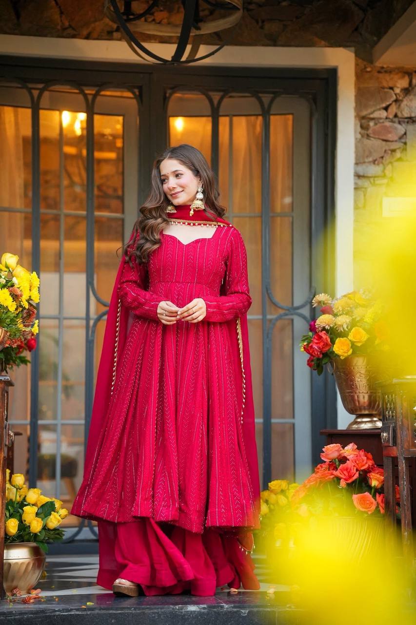Elegant Blooming Georgette Anarkali Palazzo Suit with Fancy Dupatta