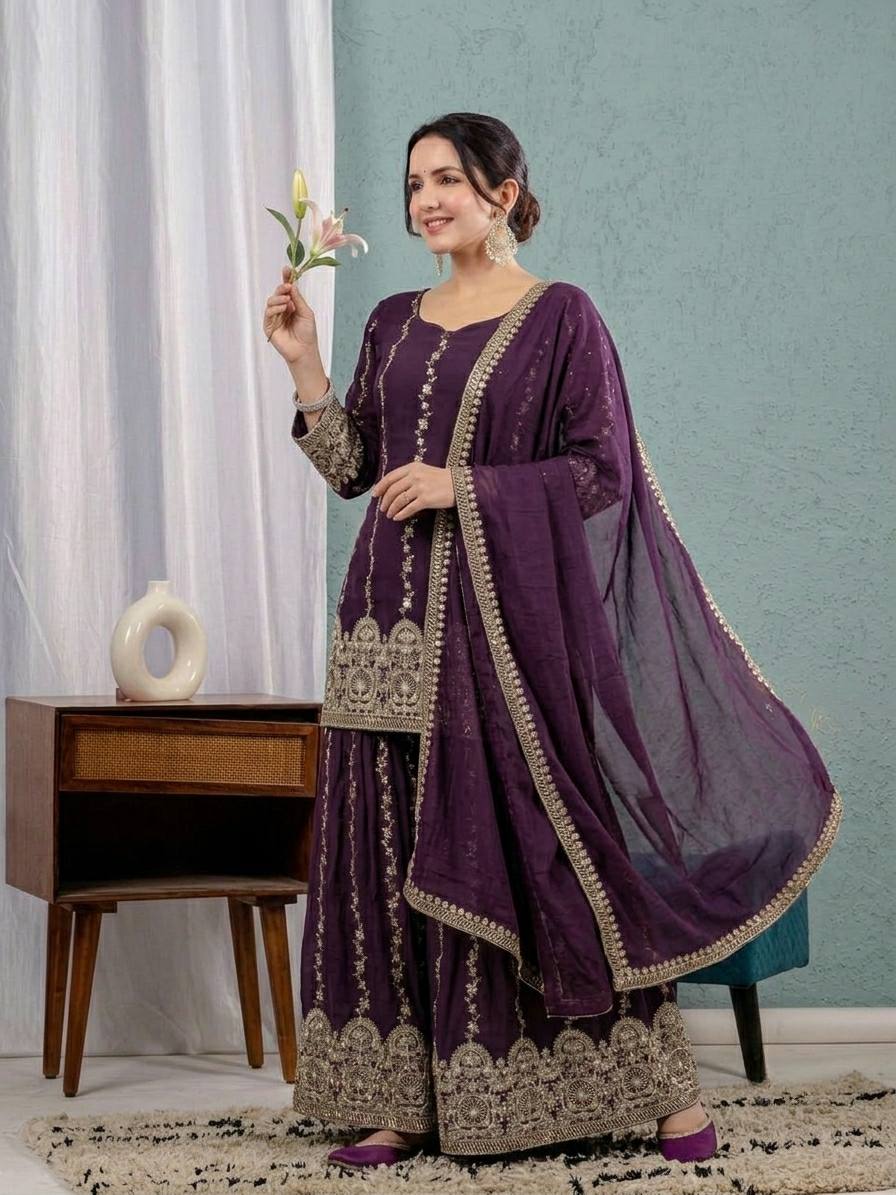 Women's Heavy Crunchy Silk Embroidered Sharara Suit Set with Sequins Work & Dupatta