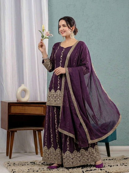 Women's Heavy Crunchy Silk Embroidered Sharara Suit Set with Sequins Work & Dupatta