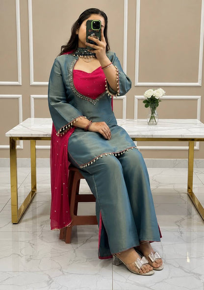 Women's Roman Glass Silk Mirror Work Kurti Palazzo Set with Bustier & Fendy Silk Dupatta