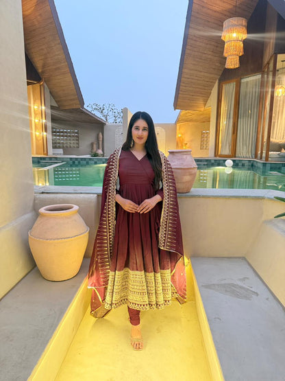 Designer Vichitra Silk Anarkali Suit with Embroidery & Organza Dupatta – Festive & Wedding Wear