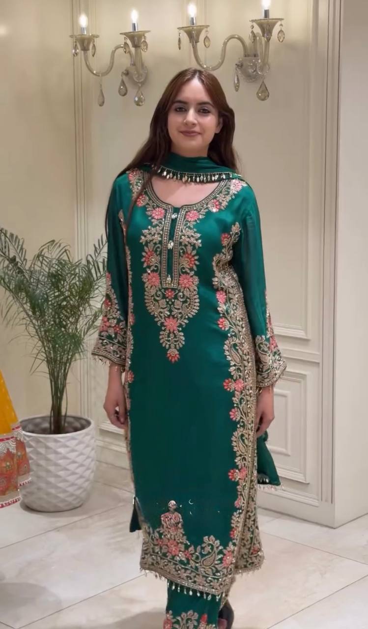 Premium Faux Georgette Embroidered  Kurta Plazzo Suit with Latkan Lace Dupatta