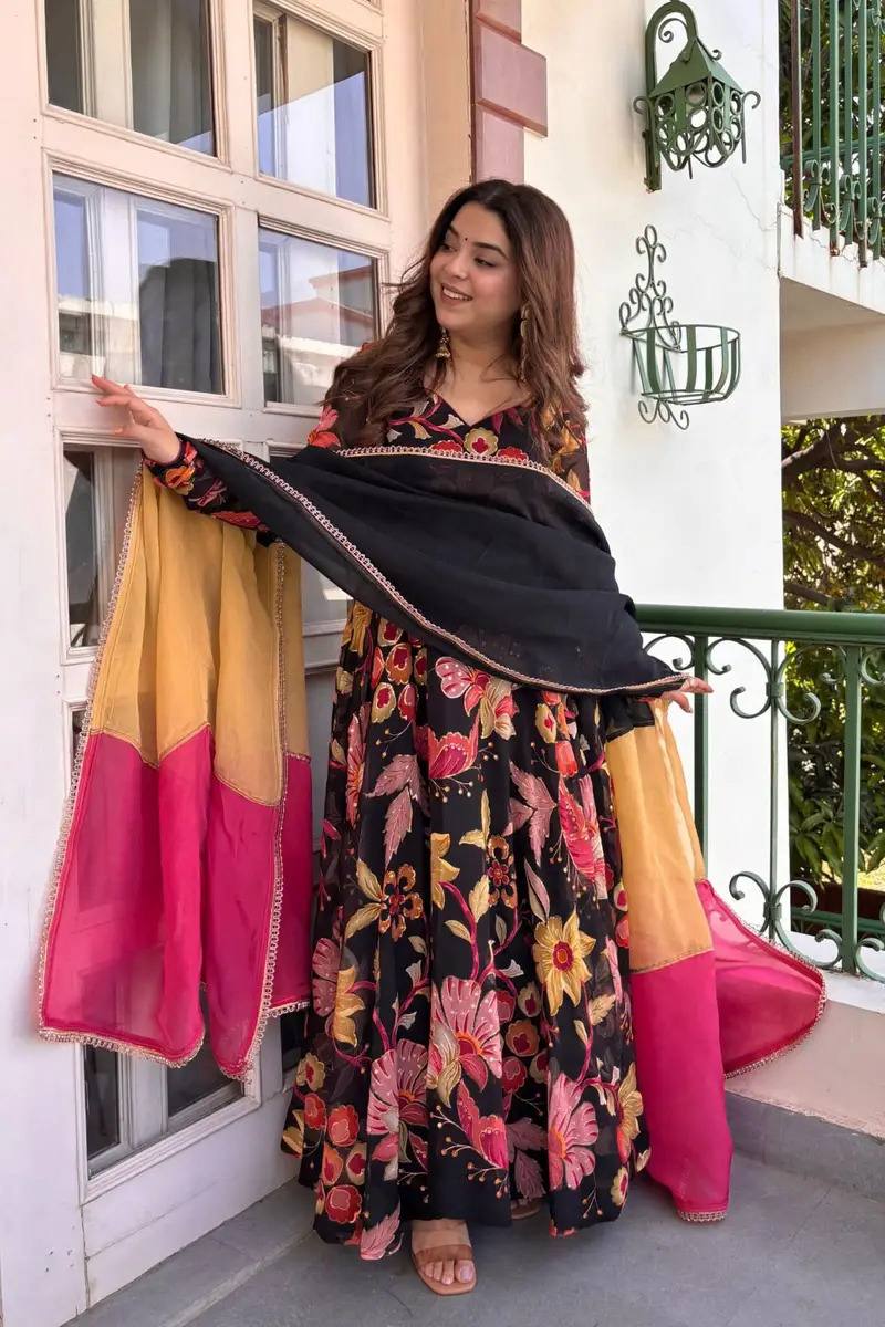 Designer Natural Silk Digital Print Anarkali Suit Set