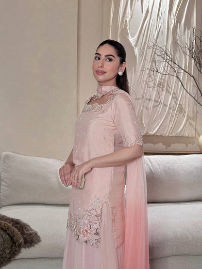 Heavy Roman Glass Silk Embroidered Sharara Suit Set with Digital Print Dupatta