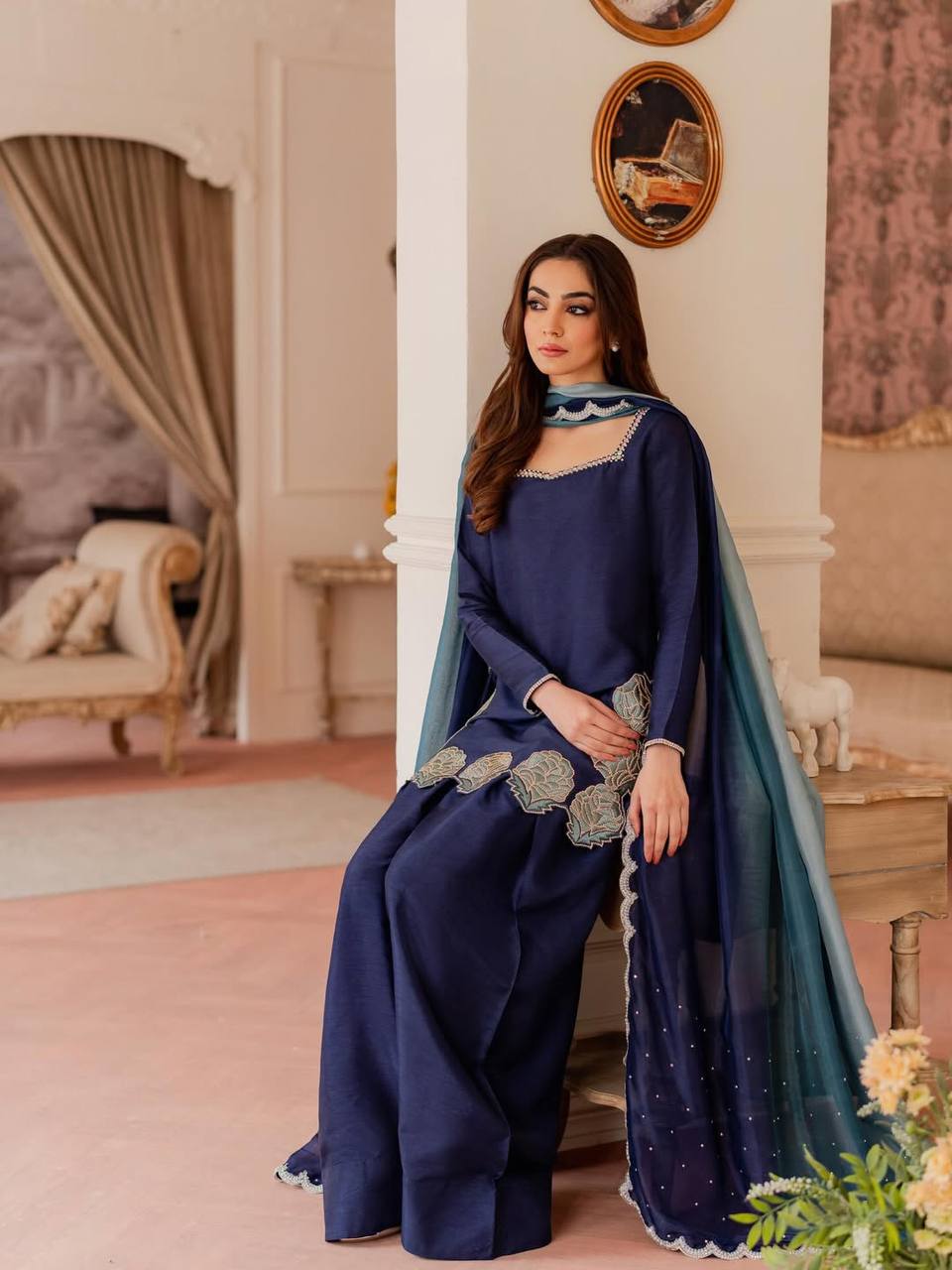 Designer Crepe Silk Kurta Set with Farshi Salwar & Chiffon Dupatta