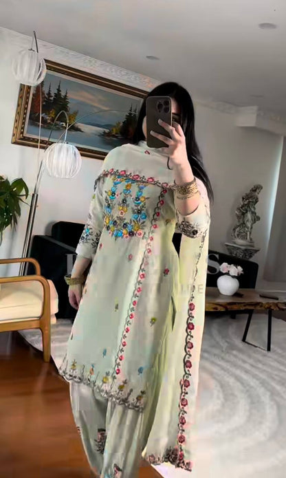 Elegant Chinnon Silk Dhoti Style Suit with Heavy Sequence Embroidery
