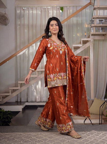 Premium Sindoori Satin Silk Embroidered Palazzo Suit Set for Women