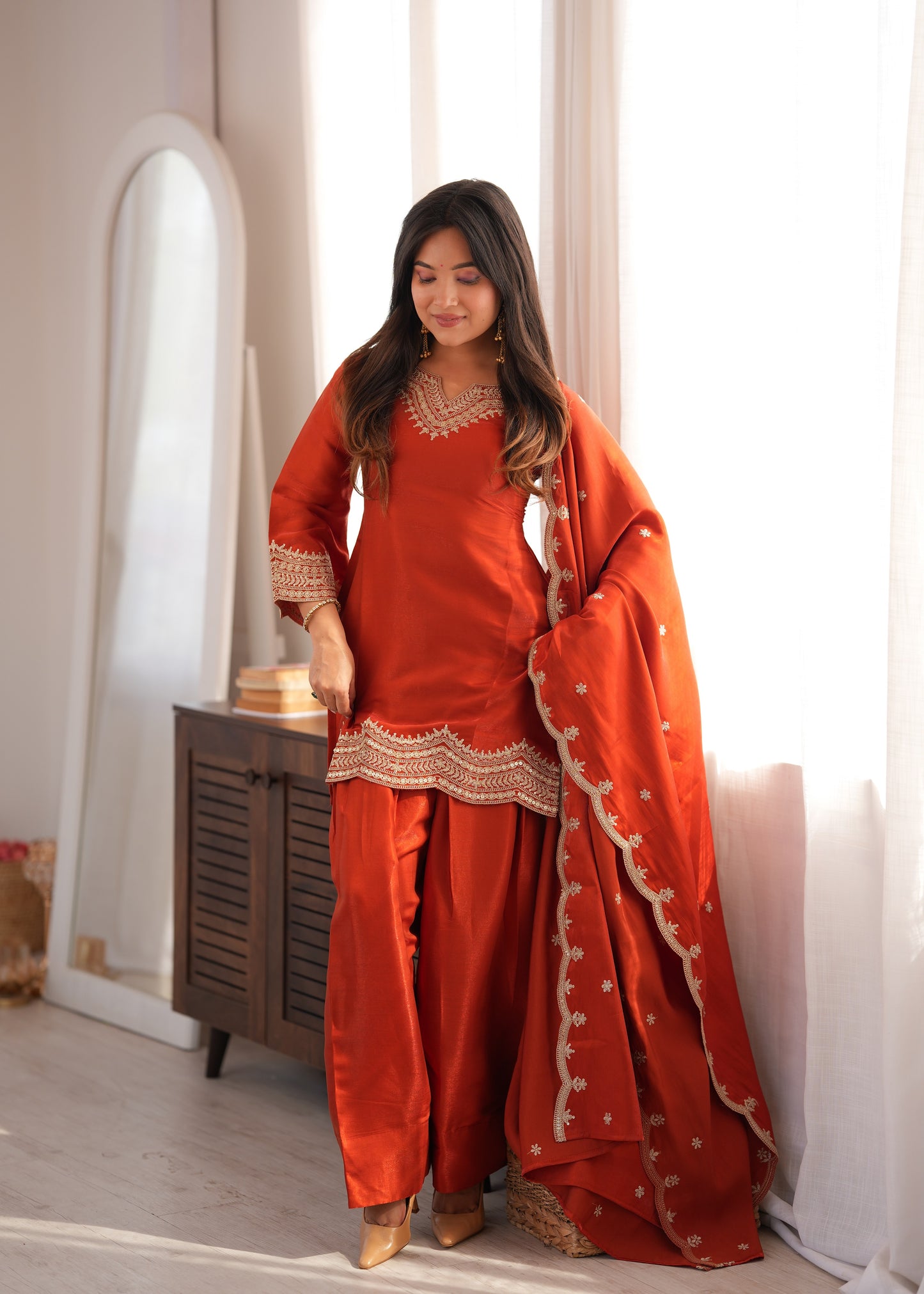 Designer Party Wear Farshi Suit Set | Glass Roman Silk | Ready to Wear