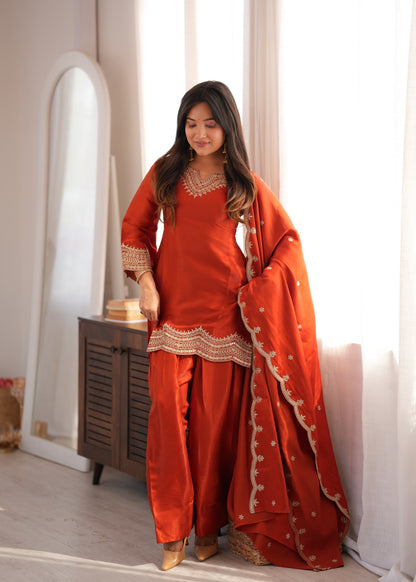 Designer Party Wear Farshi Suit Set | Glass Roman Silk | Ready to Wear