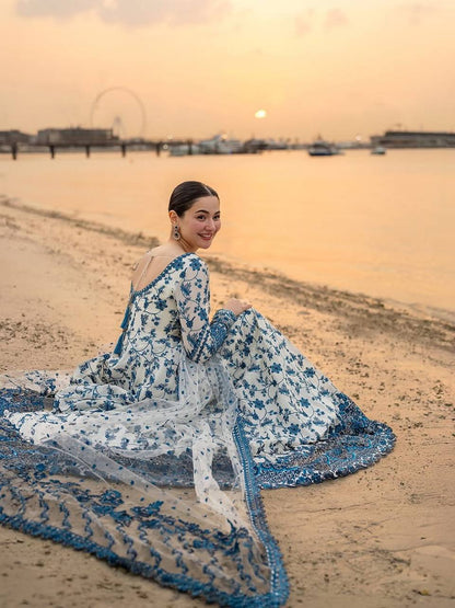 Elegant Embroidered Faux Georgette Gown Set with Organza Dupatta