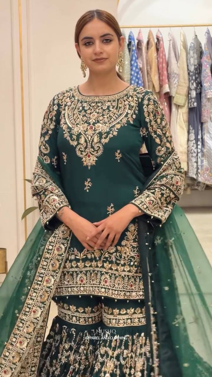 Heavy Faux Georgettec Sharara Suit Set with Meena Stone & Ceramic Moti Handwork