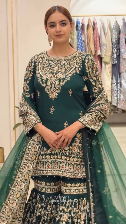 Heavy Faux Georgettec Sharara Suit Set with Meena Stone & Ceramic Moti Handwork