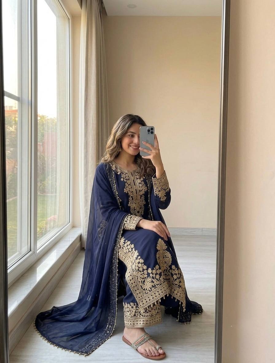 Luxury Faux Georgette Kurta Palazzo Set with Lace Dupatta