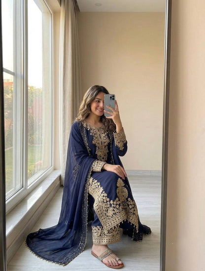 Luxury Faux Georgette Kurta Palazzo Set with Lace Dupatta