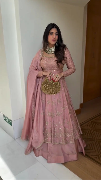 Elegant Blush Pink Hand Embroidered Crap Silk Anarkali Set