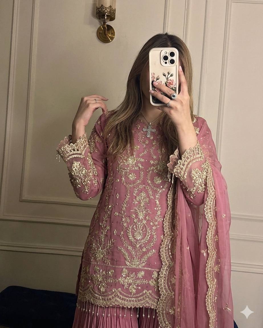 Heavy Faux Georgette Embroidered Kurti Plazzo Set with Dupatta
