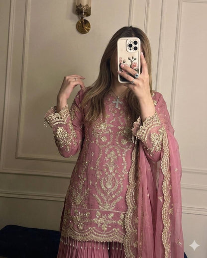 Heavy Faux Georgette Embroidered Kurti Plazzo Set with Dupatta