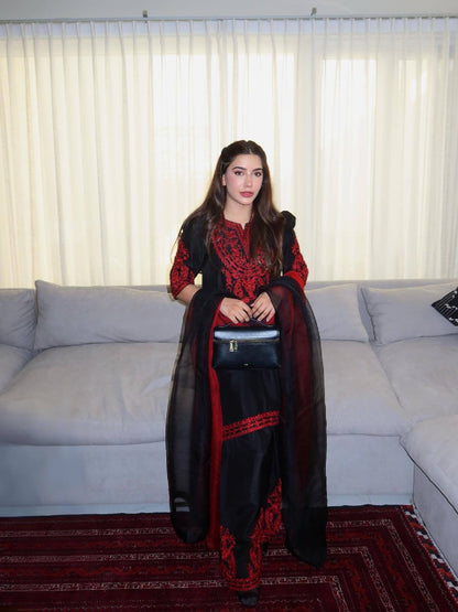 Elegant Chinon Silk Embroidered Kurta Palazzo Set with Dual Tone Dupatta