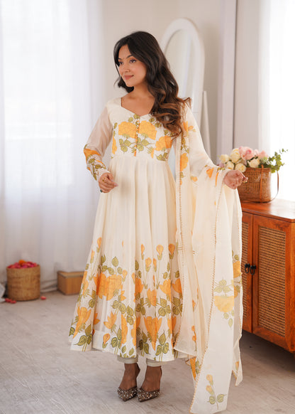 Women's Heavy Organza Silk Floral Print Anarkali Gown Set with Dupatt