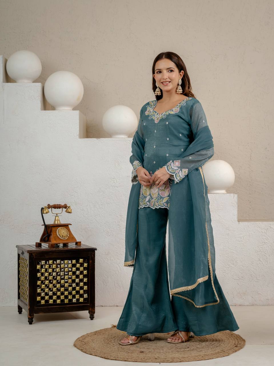 Heavy Crunchy Silk Embroidered Kurta Set with Palazzo & Dupatta