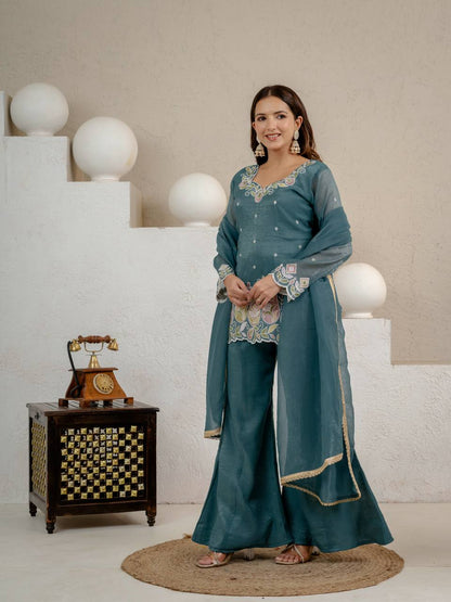 Heavy Crunchy Silk Embroidered Kurta Set with Palazzo & Dupatta