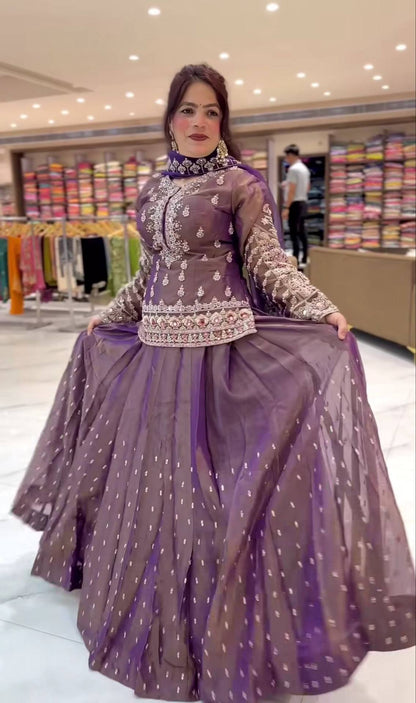 Designer Simmer Silk Lehenga Set with Embroidery, Zari & Moti Work