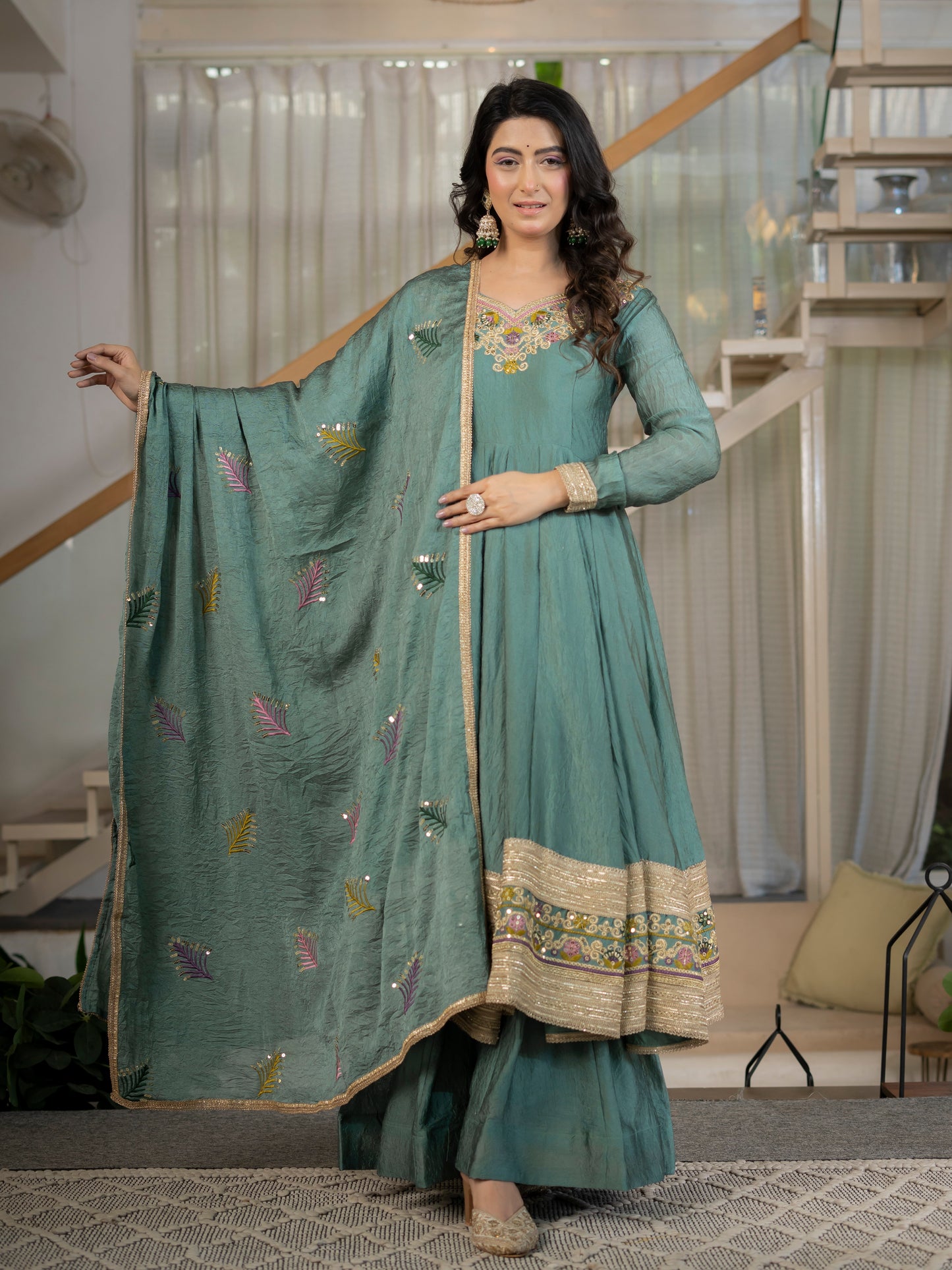 Premium Heavy Rangoli Crush Designer Anarkali Suit Set with Embroidery
