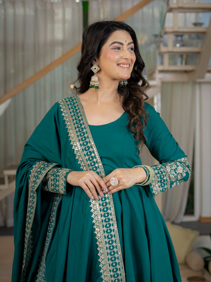 Heavy Roman Cotton Silk Embroidered Anarkali Suit Set with Pant & Dupatta