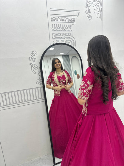 Designer Chinon Crop Top Lehenga Set with Heavy Embroidery Jacket