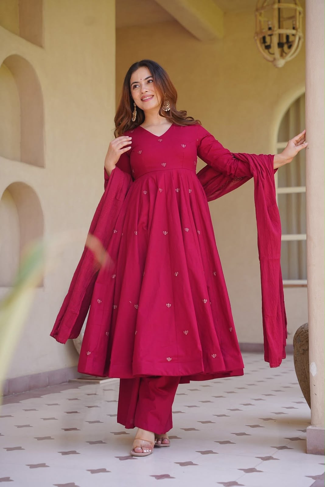 Heavy Roman Silk Embroidered Anarkali Kurta Set with Palazzo & Chanderi Silk Dupatta