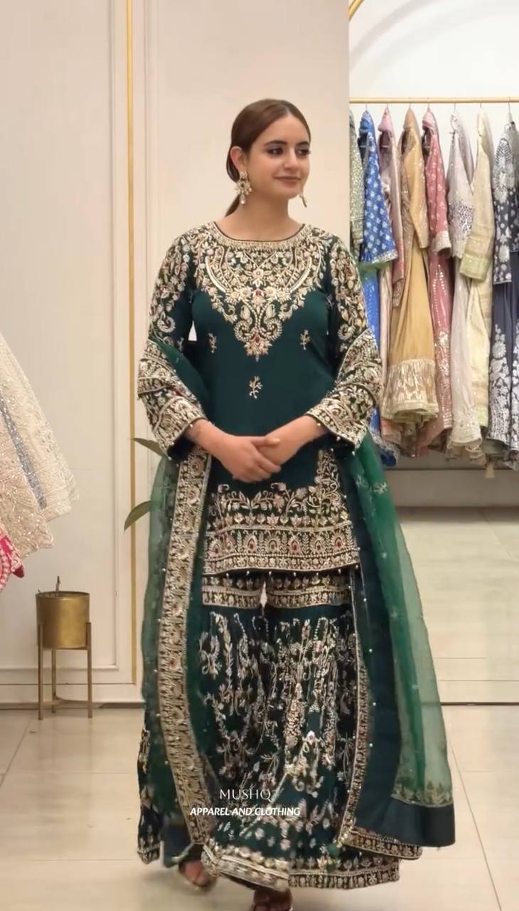 Heavy Faux Georgettec Sharara Suit Set with Meena Stone & Ceramic Moti Handwork