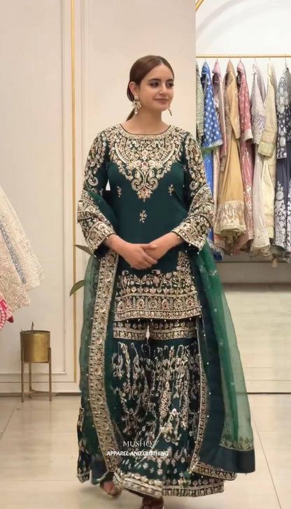 Heavy Faux Georgettec Sharara Suit Set with Meena Stone & Ceramic Moti Handwork