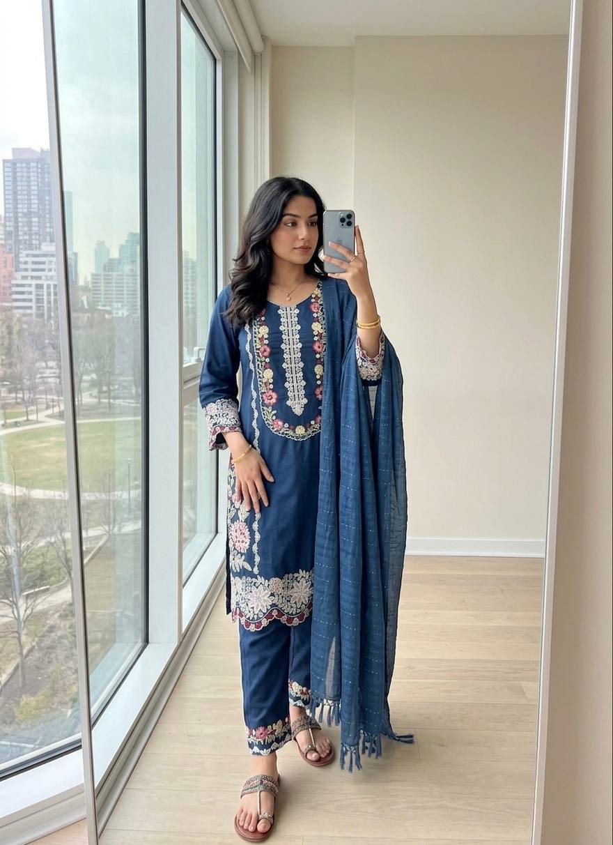 Women's Pure Satin Rayon Embroidered Kurta Set with Bottom & Dupatta
