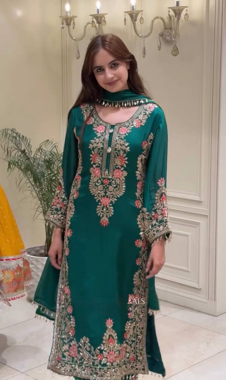 Premium Faux Georgette Embroidered  Kurta Plazzo Suit with Latkan Lace Dupatta
