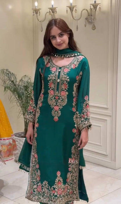 Premium Faux Georgette Embroidered  Kurta Plazzo Suit with Latkan Lace Dupatta